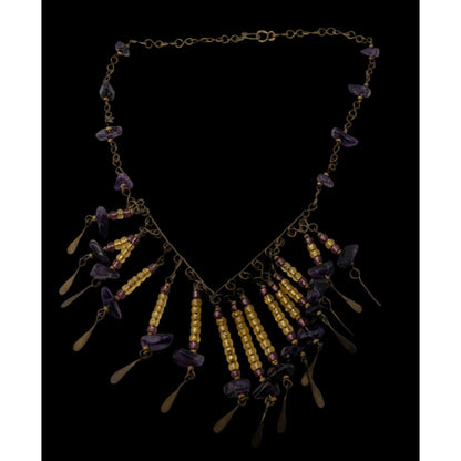 Vintage Bohemian Handmade Amethyst & Glass Beaded Necklace With Brass Accents