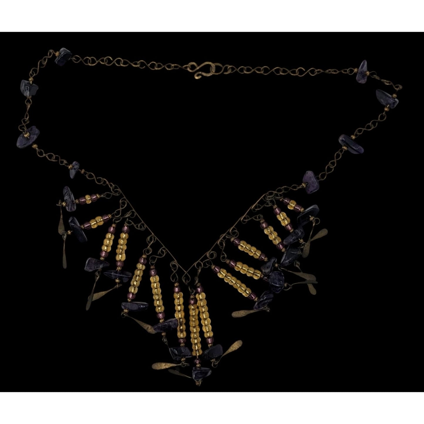Vintage Bohemian Handmade Amethyst & Glass Beaded Necklace With Brass Accents
