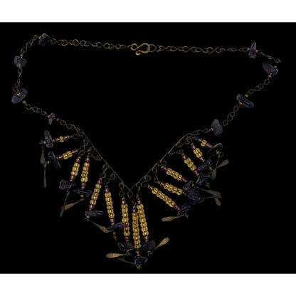 Vintage Bohemian Handmade Amethyst & Glass Beaded Necklace With Brass Accents
