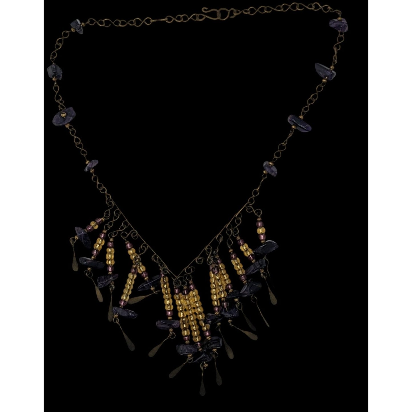 Vintage Bohemian Handmade Amethyst & Glass Beaded Necklace With Brass Accents
