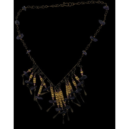 Vintage Bohemian Handmade Amethyst & Glass Beaded Necklace With Brass Accents
