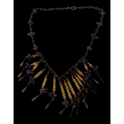 Vintage Bohemian Handmade Amethyst & Glass Beaded Necklace With Brass Accents