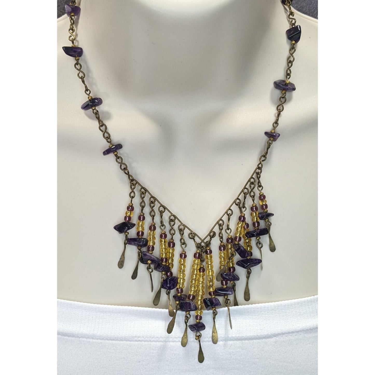 Vintage Bohemian Handmade Amethyst & Glass Beaded Necklace With Brass Accents