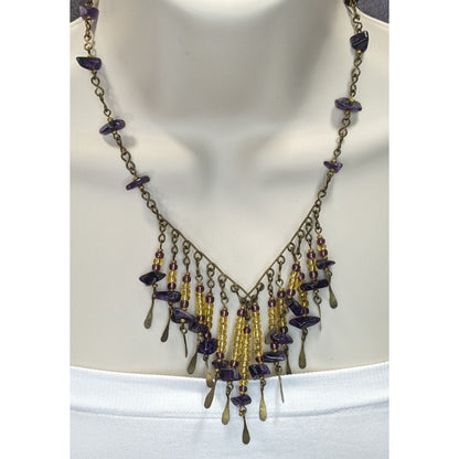 Vintage Bohemian Handmade Amethyst & Glass Beaded Necklace With Brass Accents