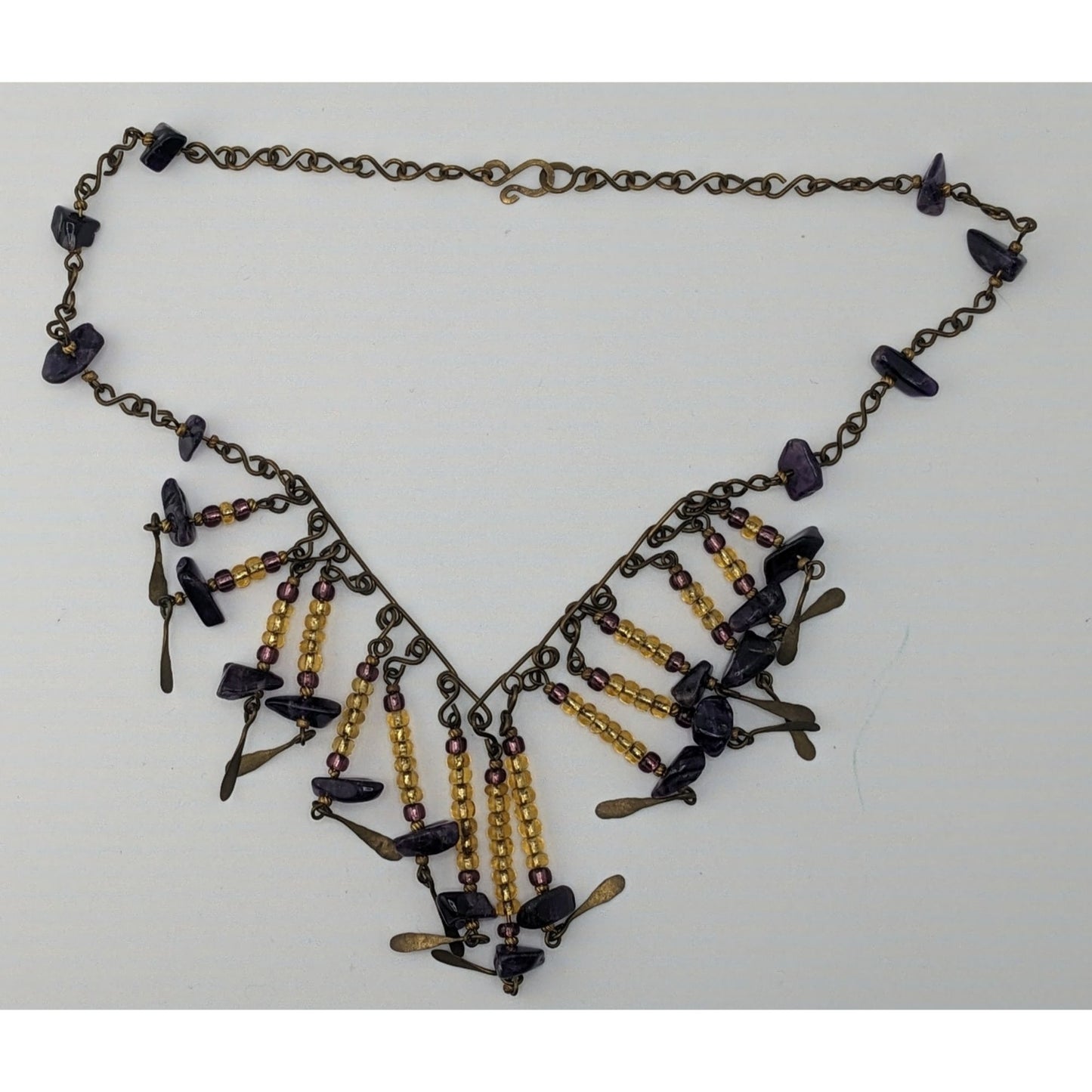 Vintage Bohemian Handmade Amethyst & Glass Beaded Necklace With Brass Accents