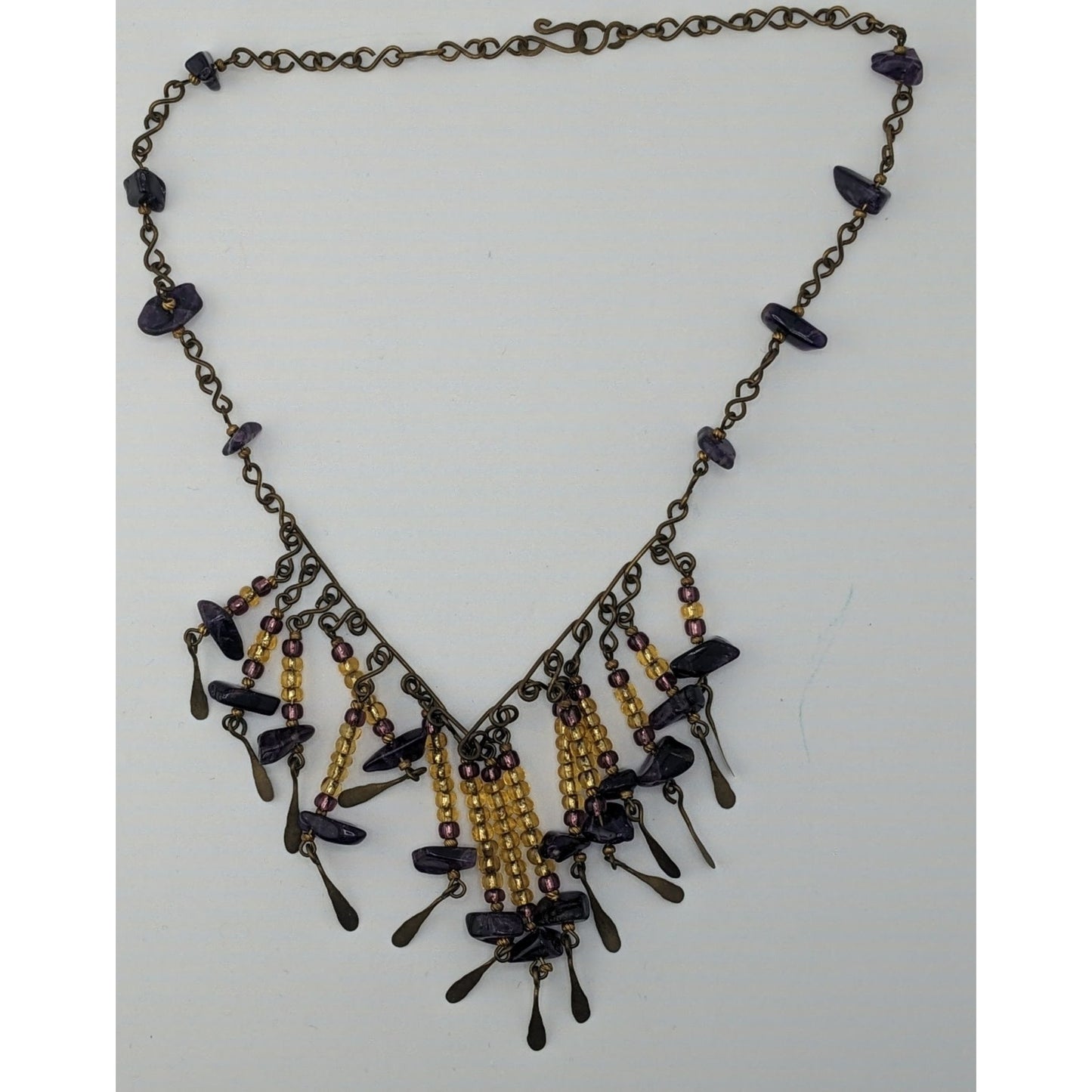 Vintage Bohemian Handmade Amethyst & Glass Beaded Necklace With Brass Accents