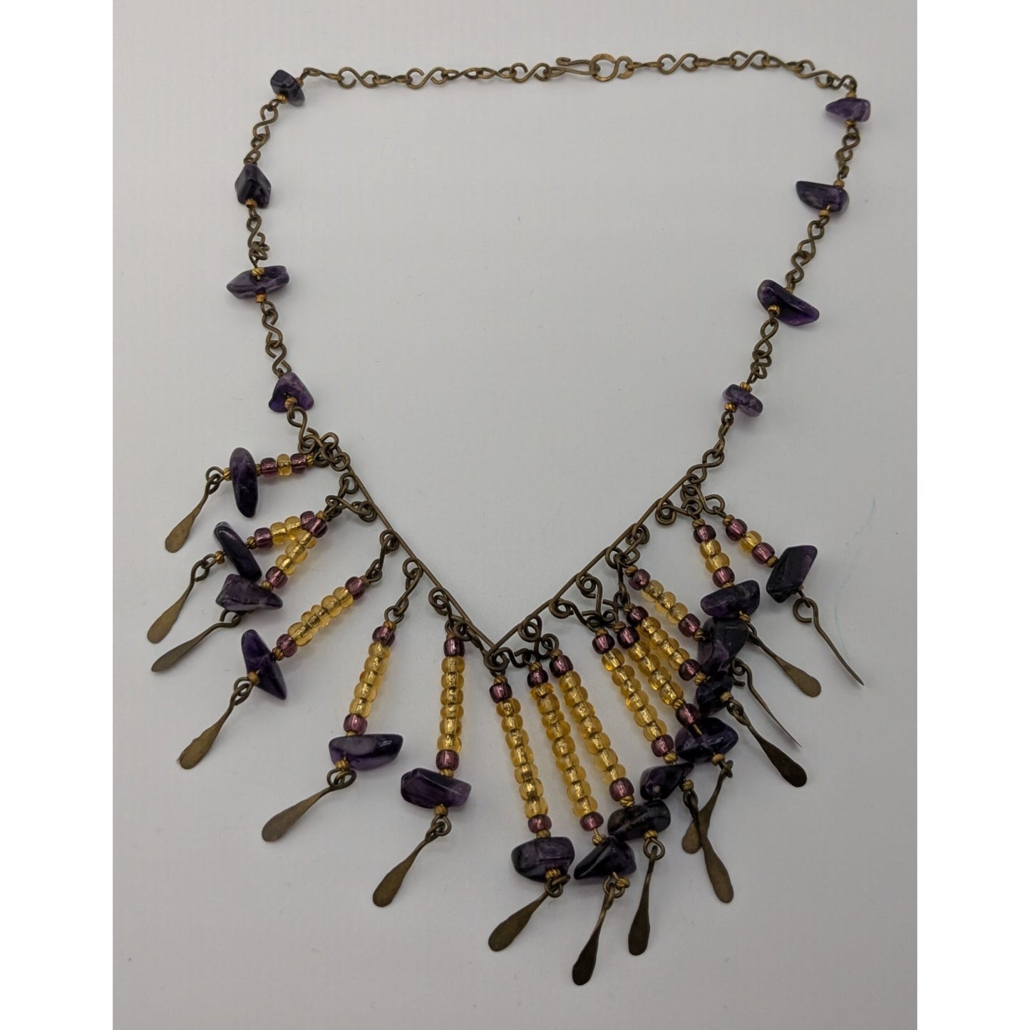 Vintage Bohemian Handmade Amethyst & Glass Beaded Necklace With Brass Accents