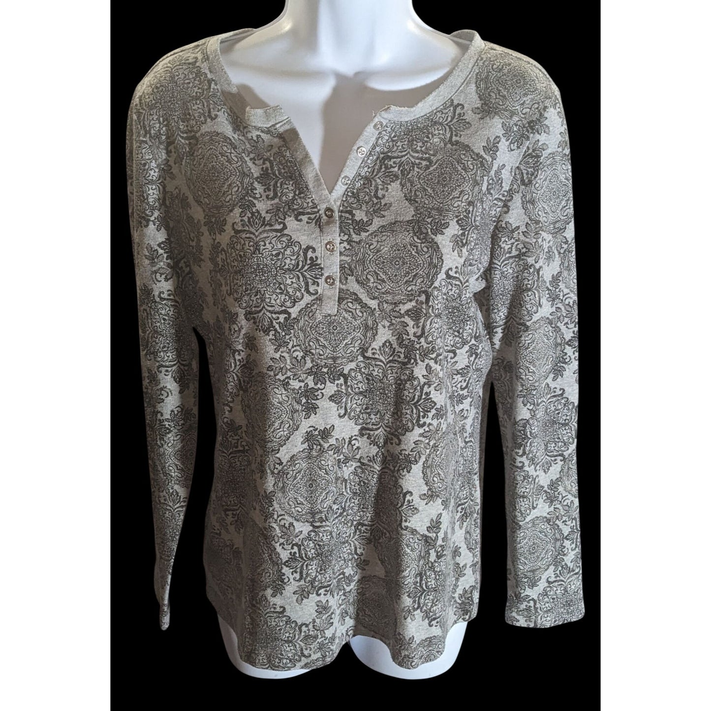 Karen Scott Floral Henley Long Sleeve Top Black Grey Designer Casual Blouse