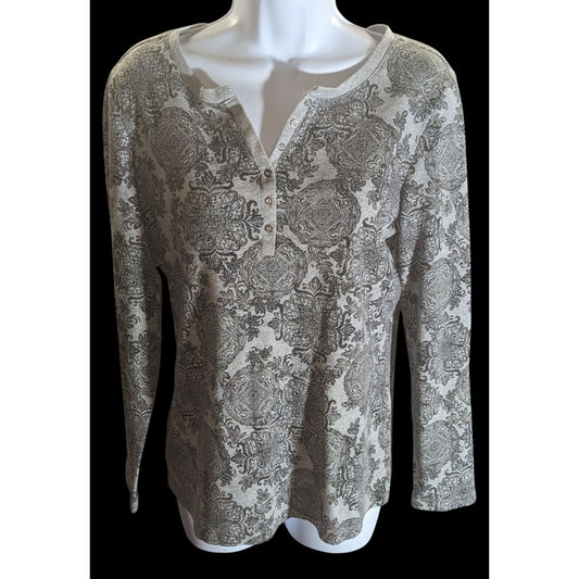 Karen Scott Floral Henley Long Sleeve Top Black Grey Designer Casual Blouse
