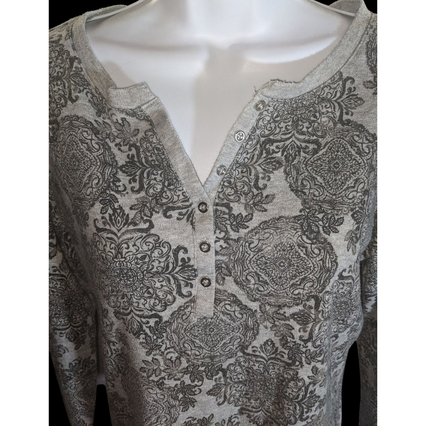 Karen Scott Floral Henley Long Sleeve Top Black Grey Designer Casual Blouse