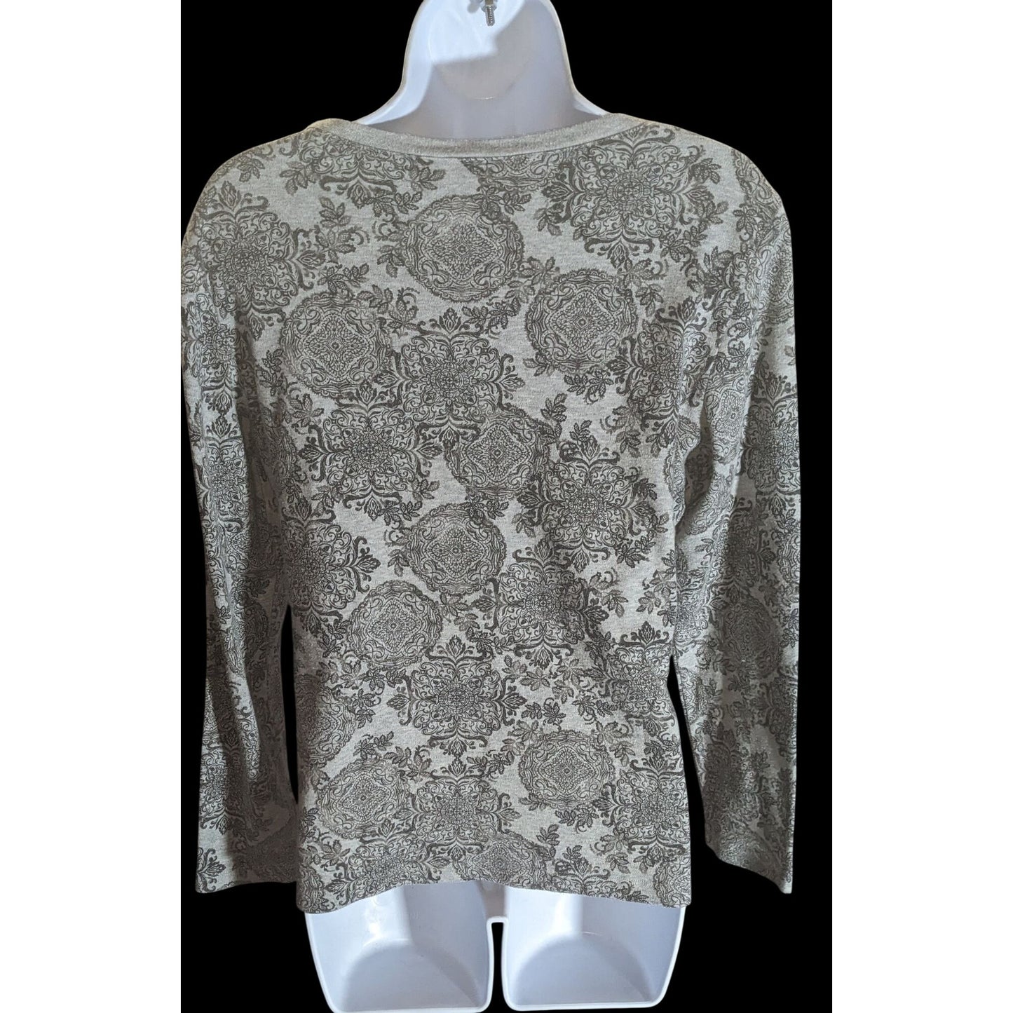 Karen Scott Floral Henley Long Sleeve Top Black Grey Designer Casual Blouse