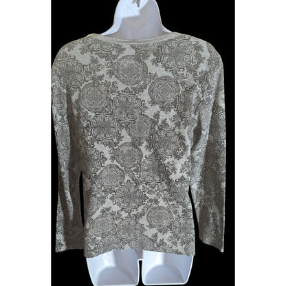 Karen Scott Floral Henley Long Sleeve Top Black Grey Designer Casual Blouse