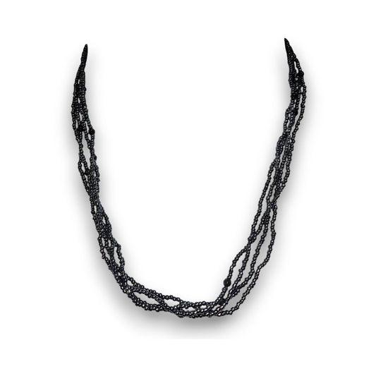 Gothic Glam Black Glass Beaded Multistrand Necklace Layered Gunmetal Statement