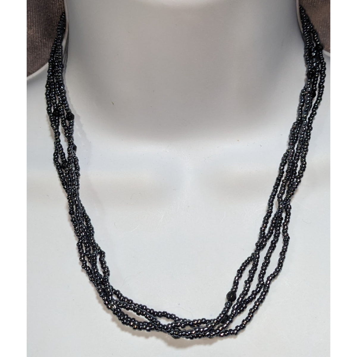 Gothic Glam Black Glass Beaded Multistrand Necklace Layered Gunmetal Statement