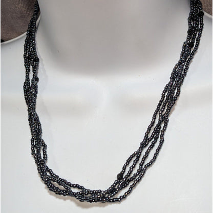 Gothic Glam Black Glass Beaded Multistrand Necklace Layered Gunmetal Statement