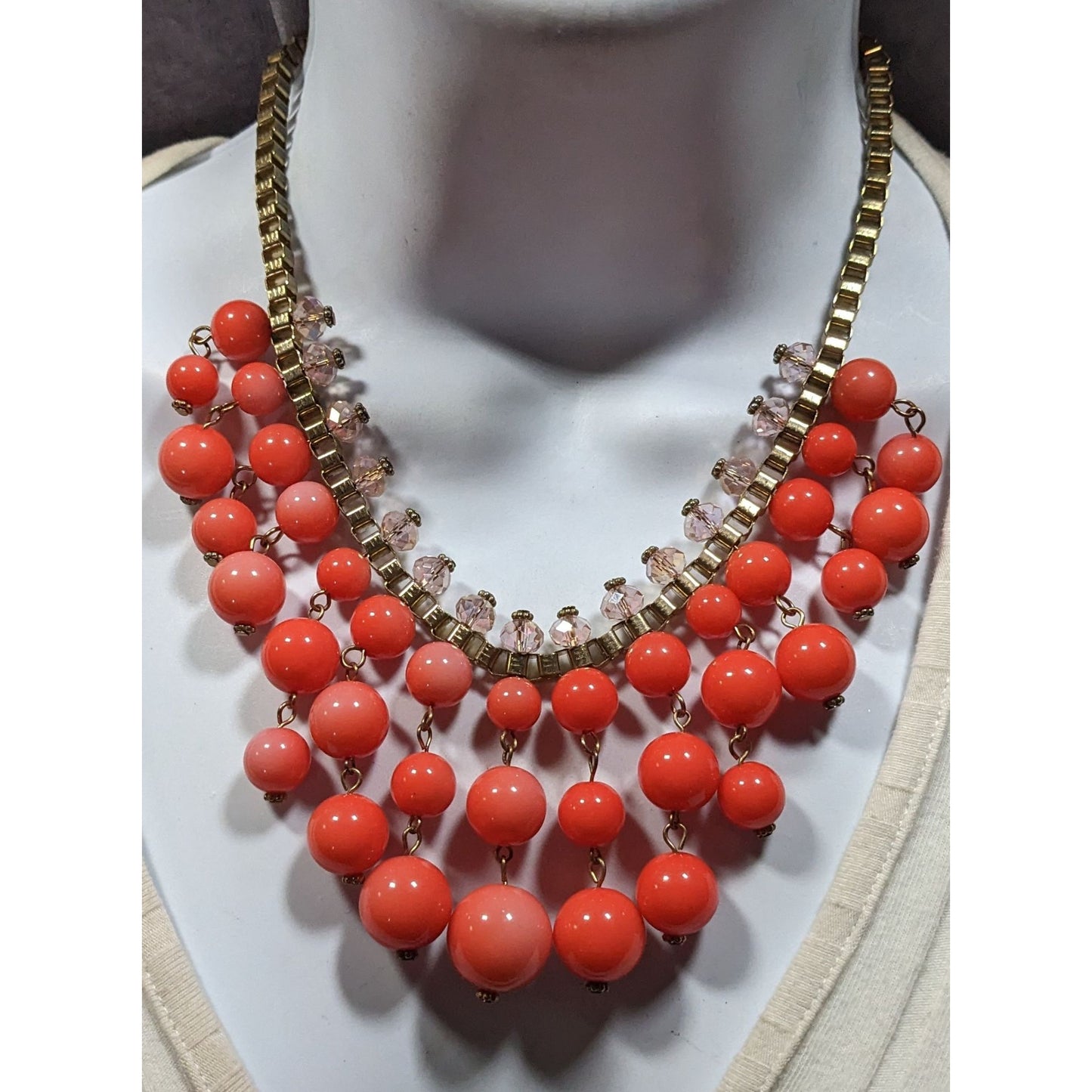 Vintage Salmon Beaded Fringe Necklace On Gold Tone Box Chain