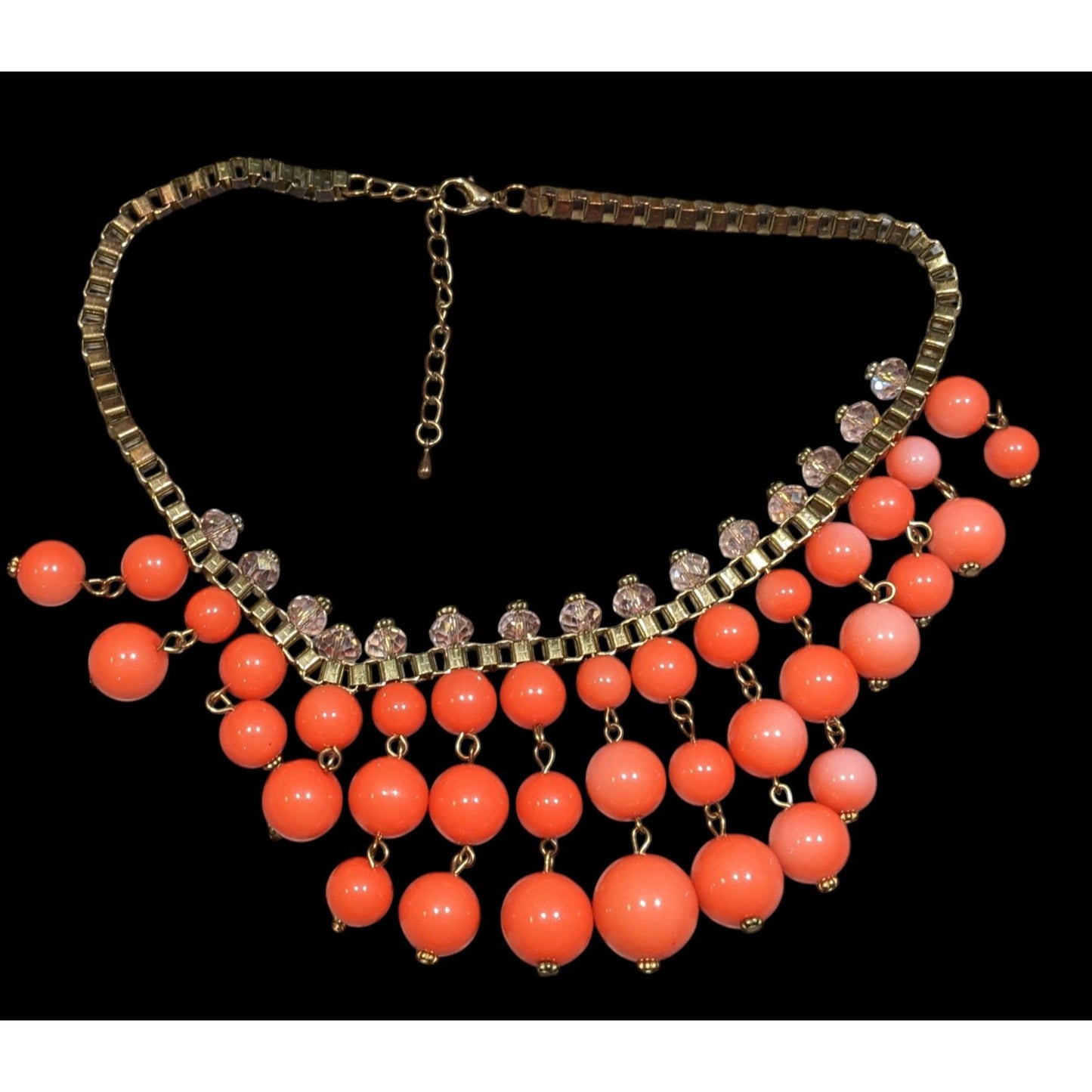 Vintage Salmon Beaded Fringe Necklace On Gold Tone Box Chain