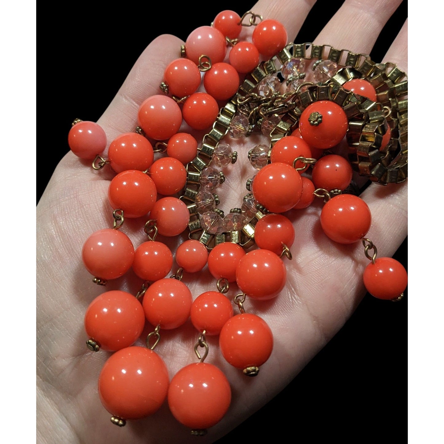 Vintage Salmon Beaded Fringe Necklace On Gold Tone Box Chain