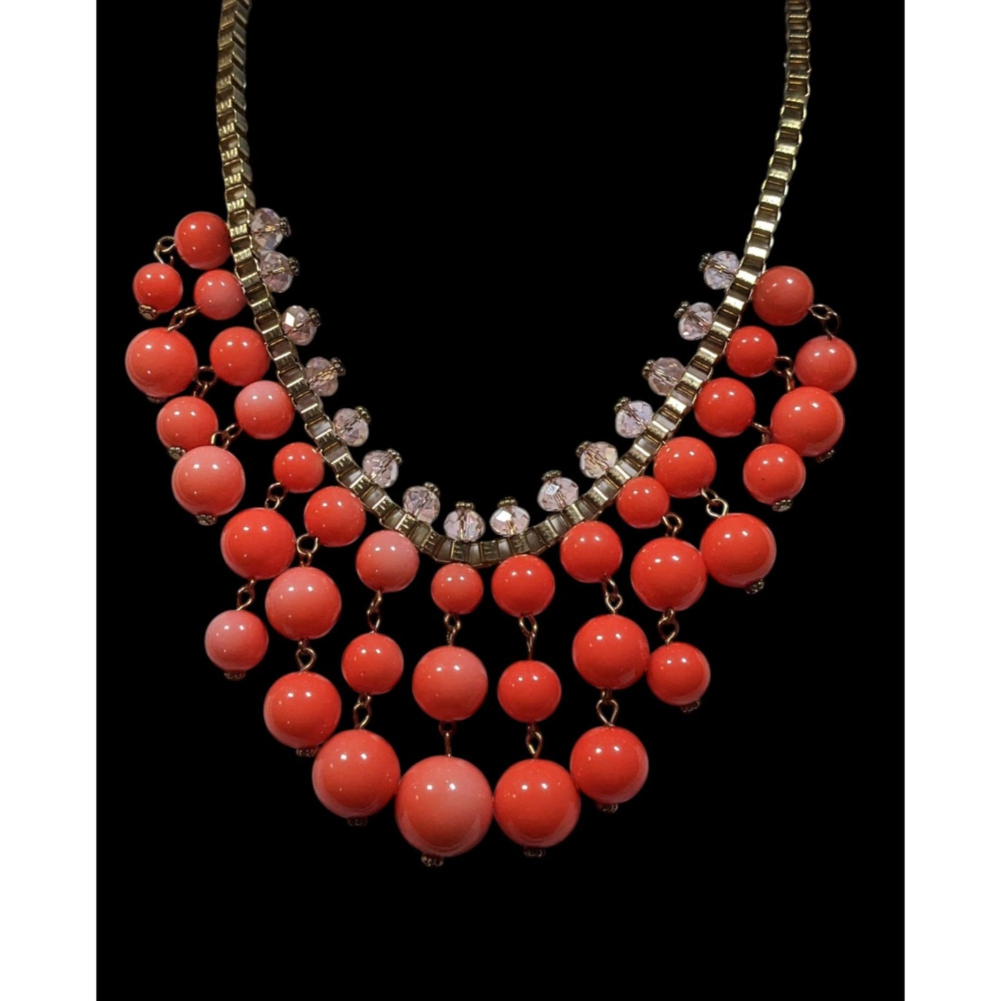Vintage Salmon Beaded Fringe Necklace On Gold Tone Box Chain