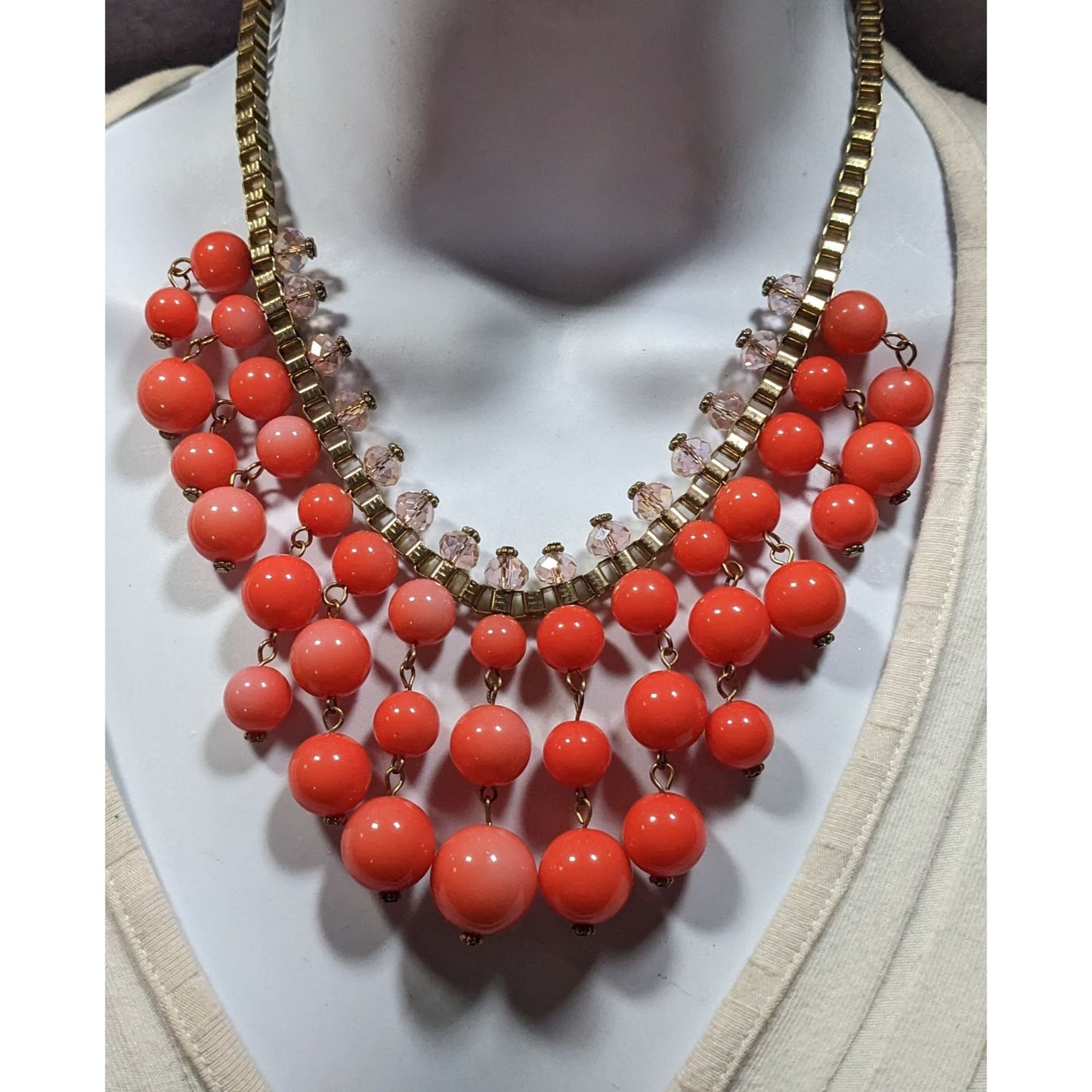 Vintage Salmon Beaded Fringe Necklace On Gold Tone Box Chain