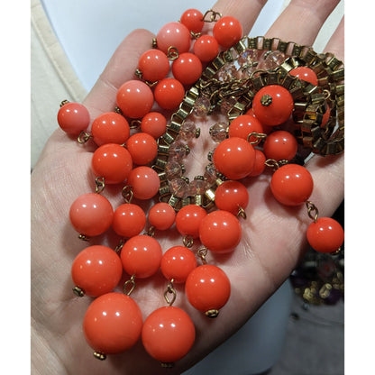 Vintage Salmon Beaded Fringe Necklace On Gold Tone Box Chain