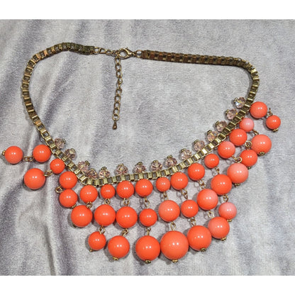 Vintage Salmon Beaded Fringe Necklace On Gold Tone Box Chain