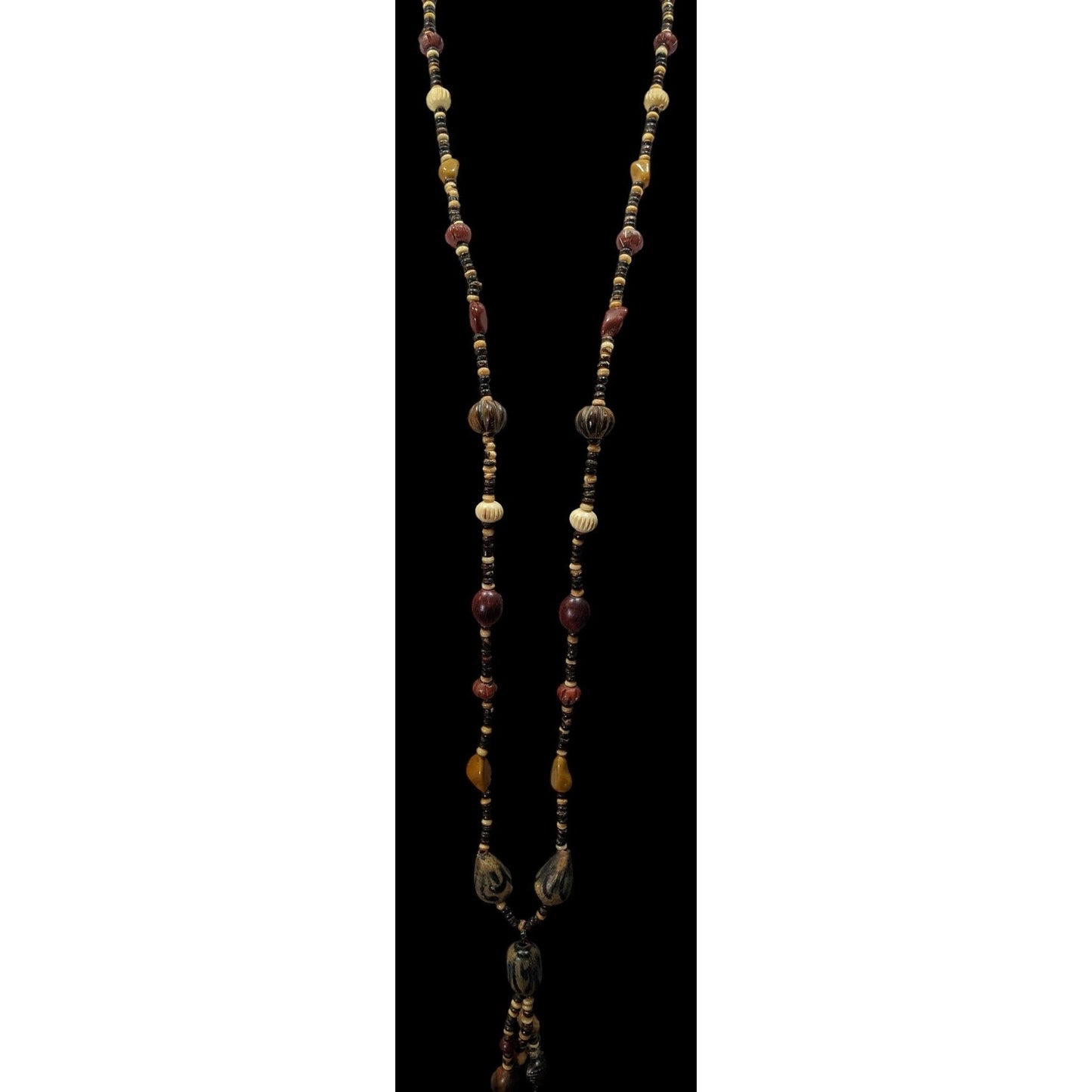 Vintage Ethnic Hand Carved Wood And Stone Beaded Necklace