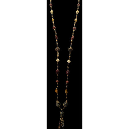 Vintage Ethnic Hand Carved Wood And Stone Beaded Necklace
