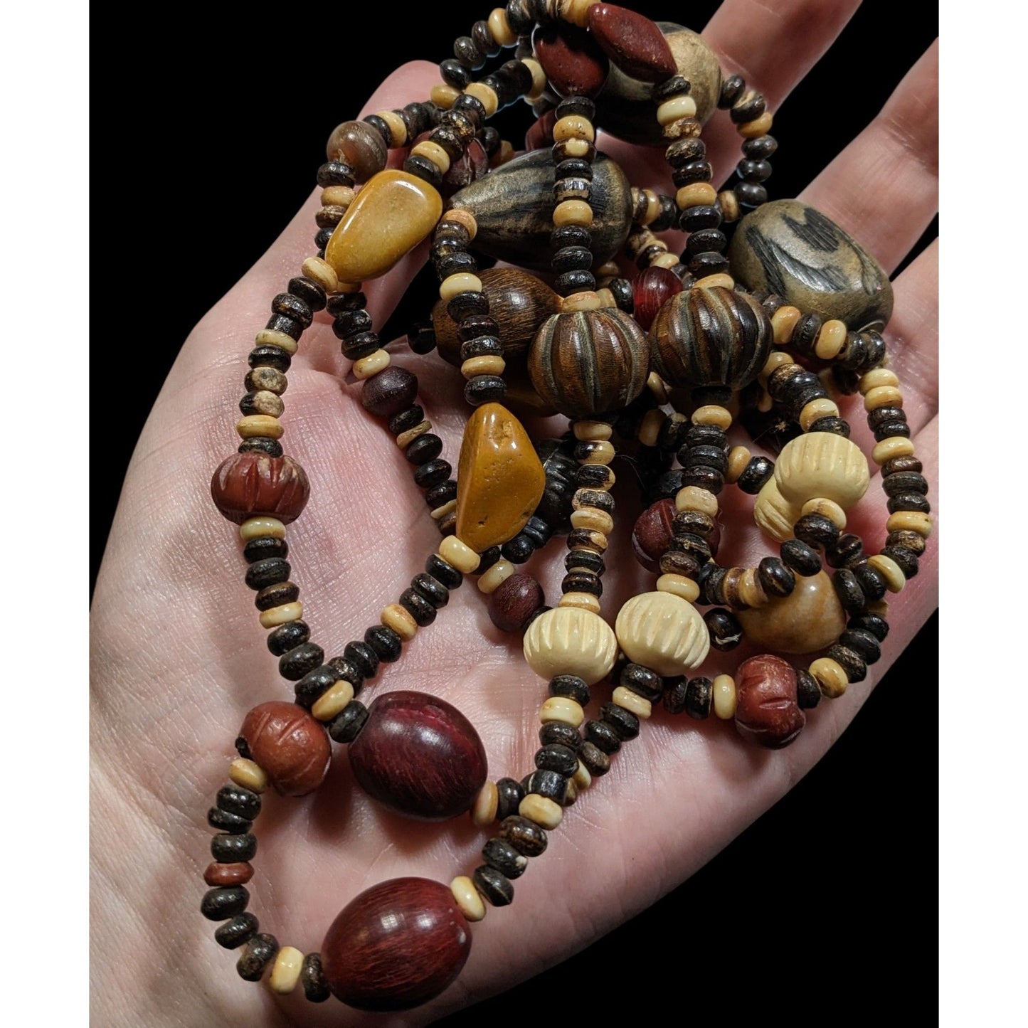 Vintage Ethnic Hand Carved Wood And Stone Beaded Necklace