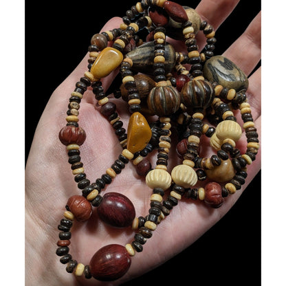 Vintage Ethnic Hand Carved Wood And Stone Beaded Necklace