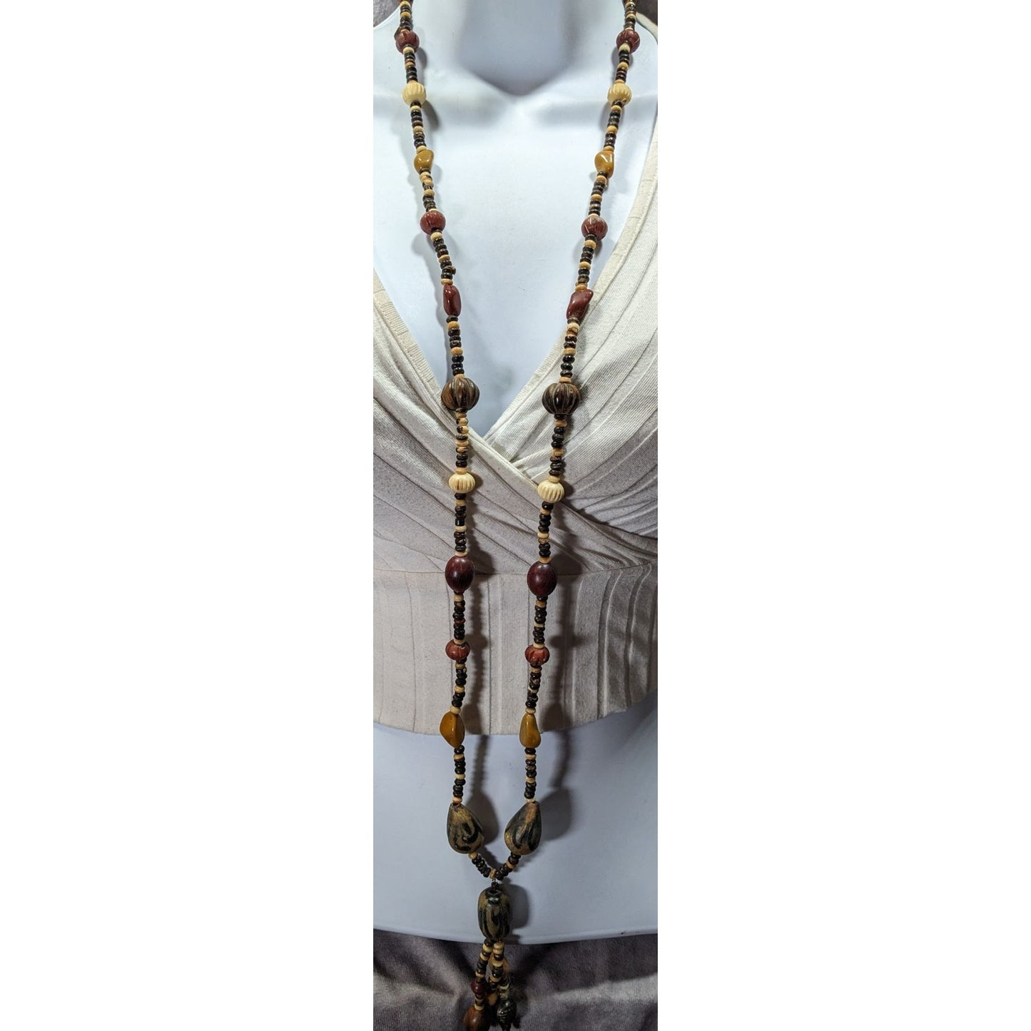 Vintage Ethnic Hand Carved Wood And Stone Beaded Necklace
