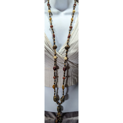 Vintage Ethnic Hand Carved Wood And Stone Beaded Necklace