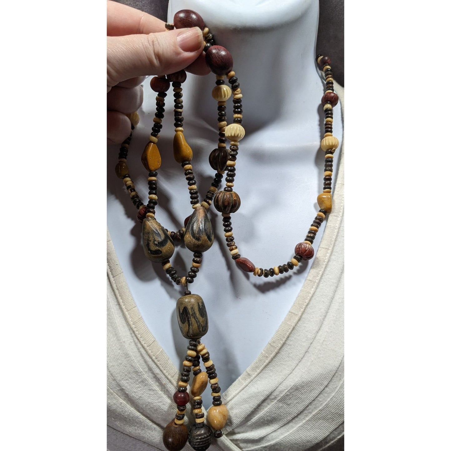 Vintage Ethnic Hand Carved Wood And Stone Beaded Necklace