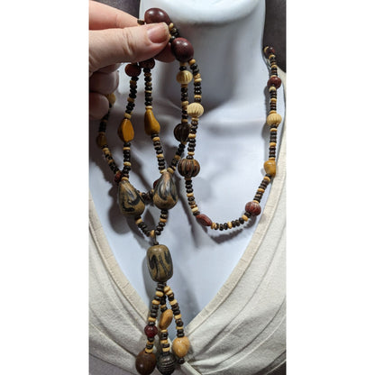 Vintage Ethnic Hand Carved Wood And Stone Beaded Necklace