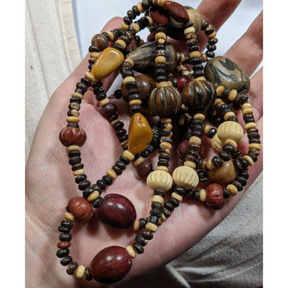 Vintage Ethnic Hand Carved Wood And Stone Beaded Necklace