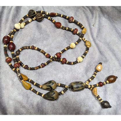 Vintage Ethnic Hand Carved Wood And Stone Beaded Necklace