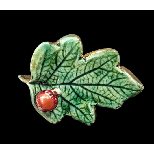 Vintage Cottagecore Ceramic Leaf With Berry Brooch