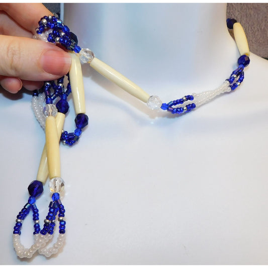 Retro Blue White And Clear Beaded Necklace