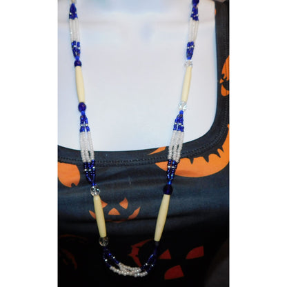 Retro Blue White And Clear Beaded Necklace