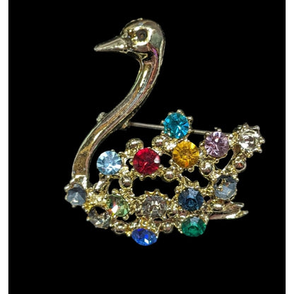 Vintage Swan Brooch Gold Tone With Rainbow Rhinestones