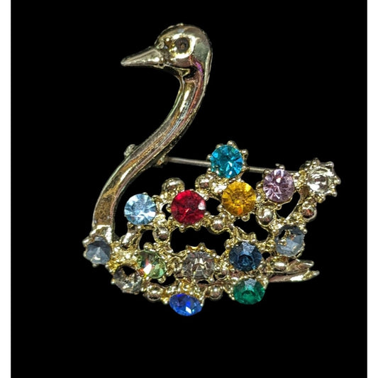 Vintage Swan Brooch Gold Tone With Rainbow Rhinestones