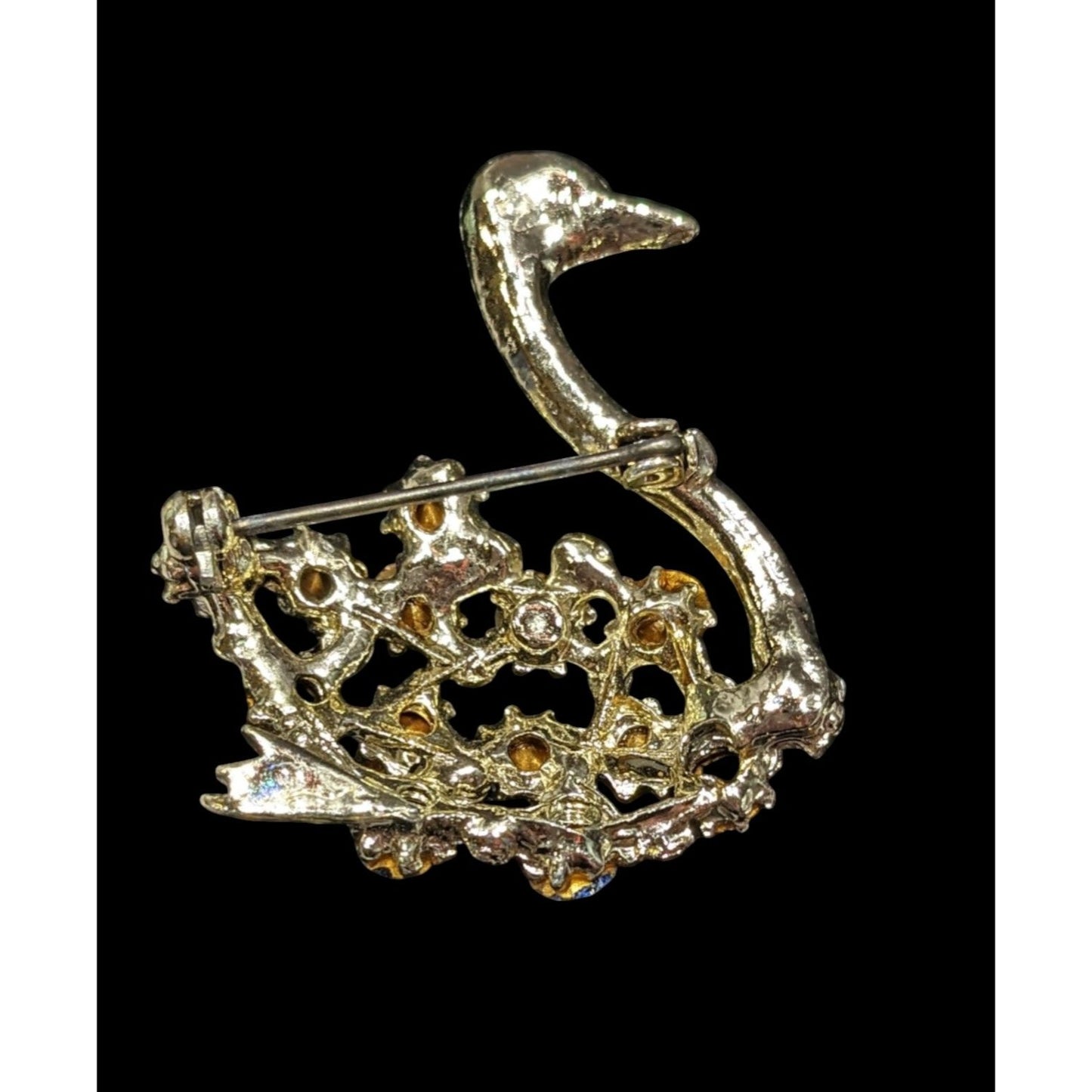 Vintage Swan Brooch Gold Tone With Rainbow Rhinestones
