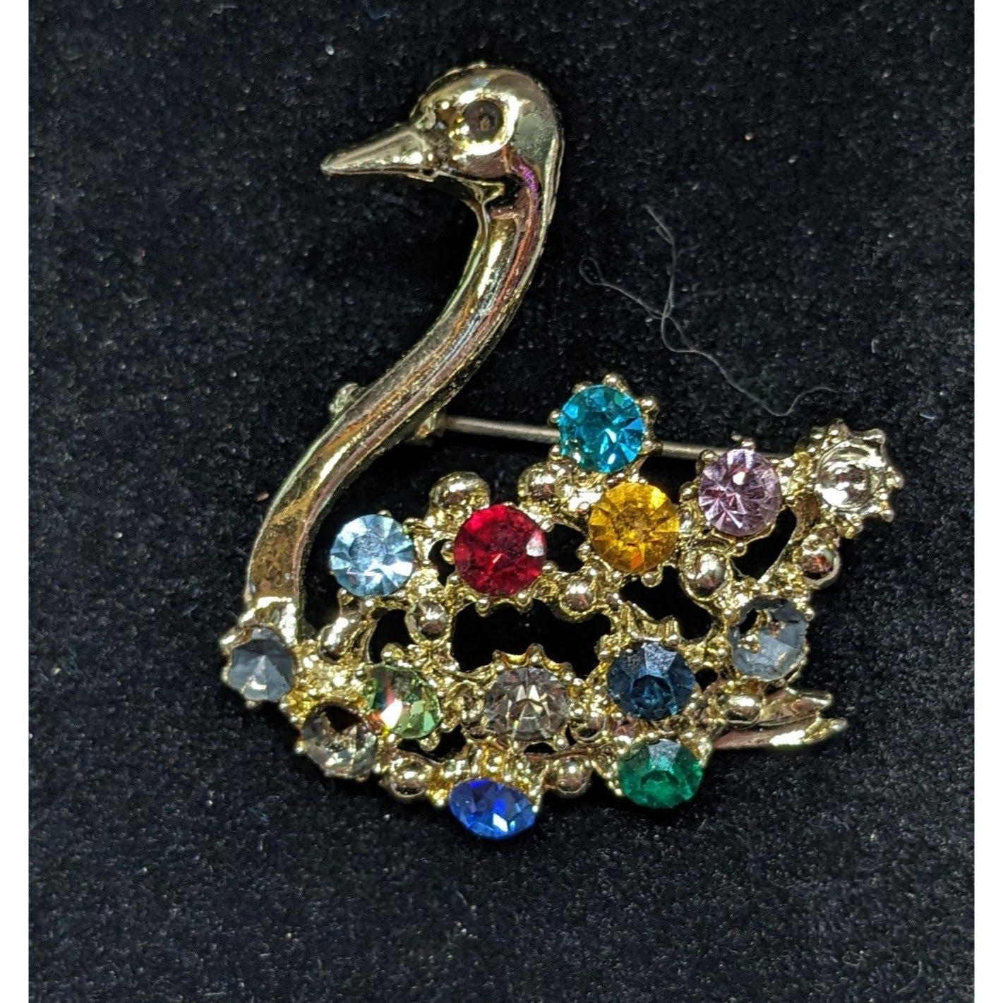 Vintage Swan Brooch Gold Tone With Rainbow Rhinestones