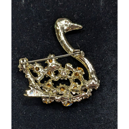 Vintage Swan Brooch Gold Tone With Rainbow Rhinestones