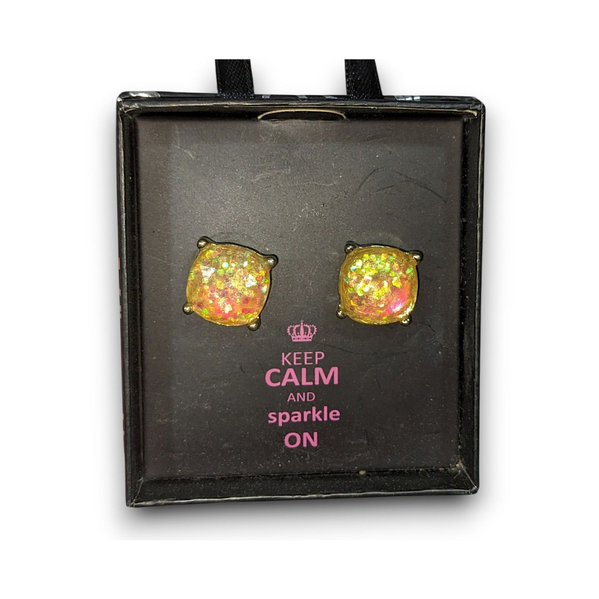 Glam Glitter Acrylic Yellow Iridescent Stud Earrings NIB