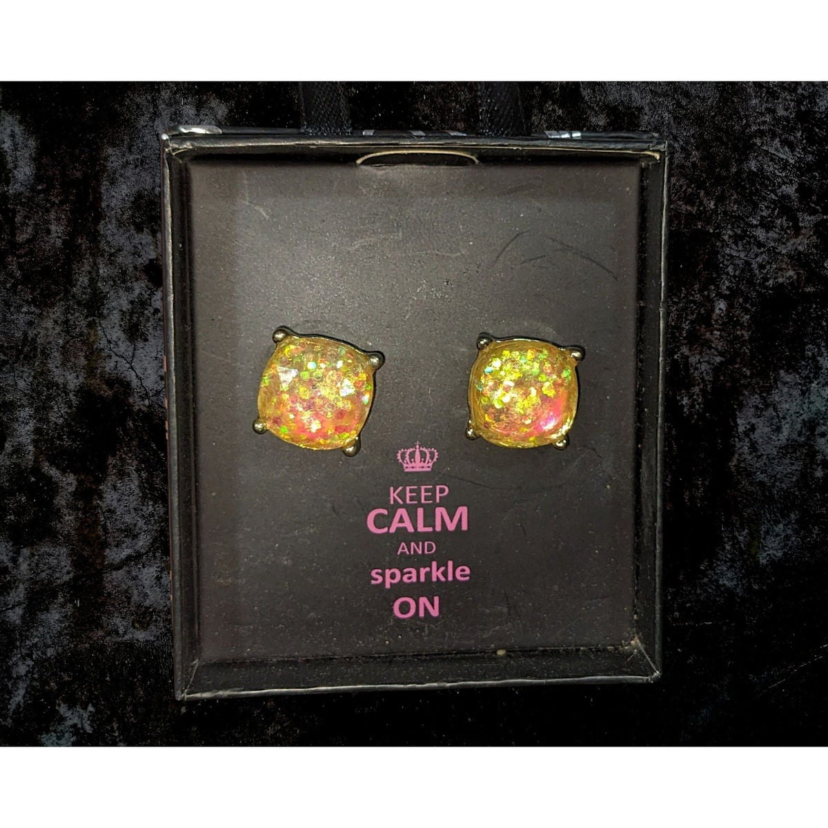Glam Glitter Acrylic Yellow Iridescent Stud Earrings NIB