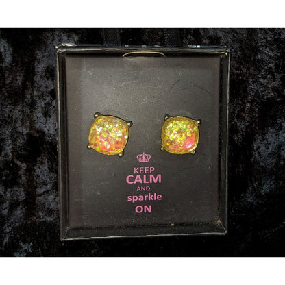 Glam Glitter Acrylic Yellow Iridescent Stud Earrings NIB