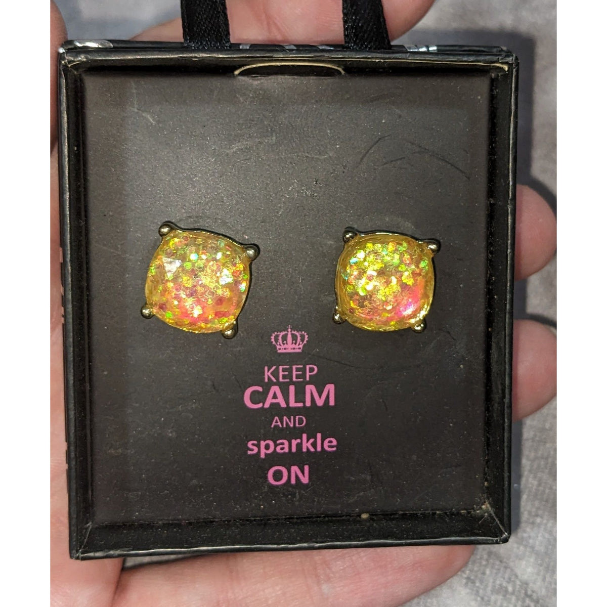 Glam Glitter Acrylic Yellow Iridescent Stud Earrings NIB
