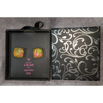 Glam Glitter Acrylic Yellow Iridescent Stud Earrings NIB