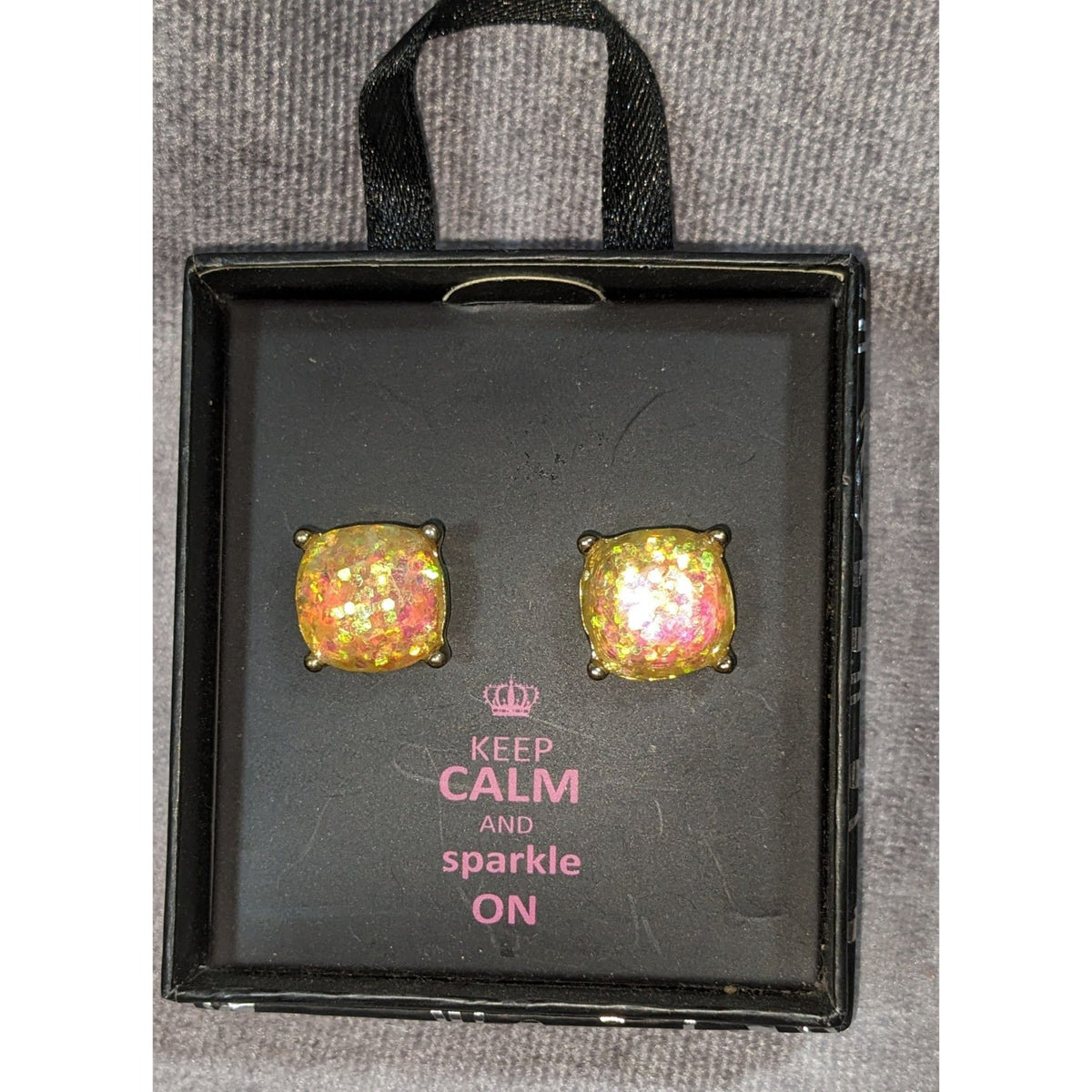Glam Glitter Acrylic Yellow Iridescent Stud Earrings NIB